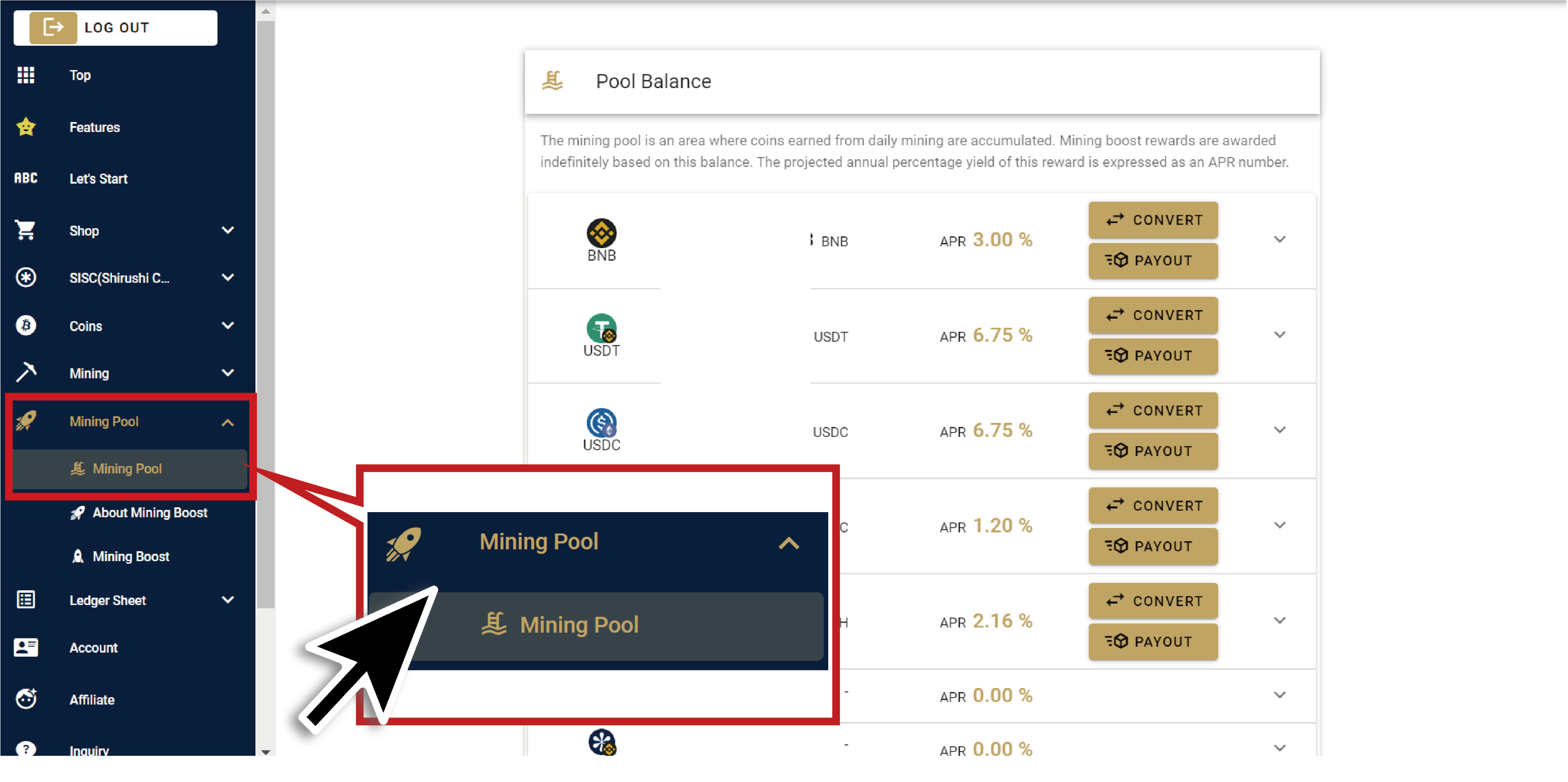 Checking coin balance in Mining Boost