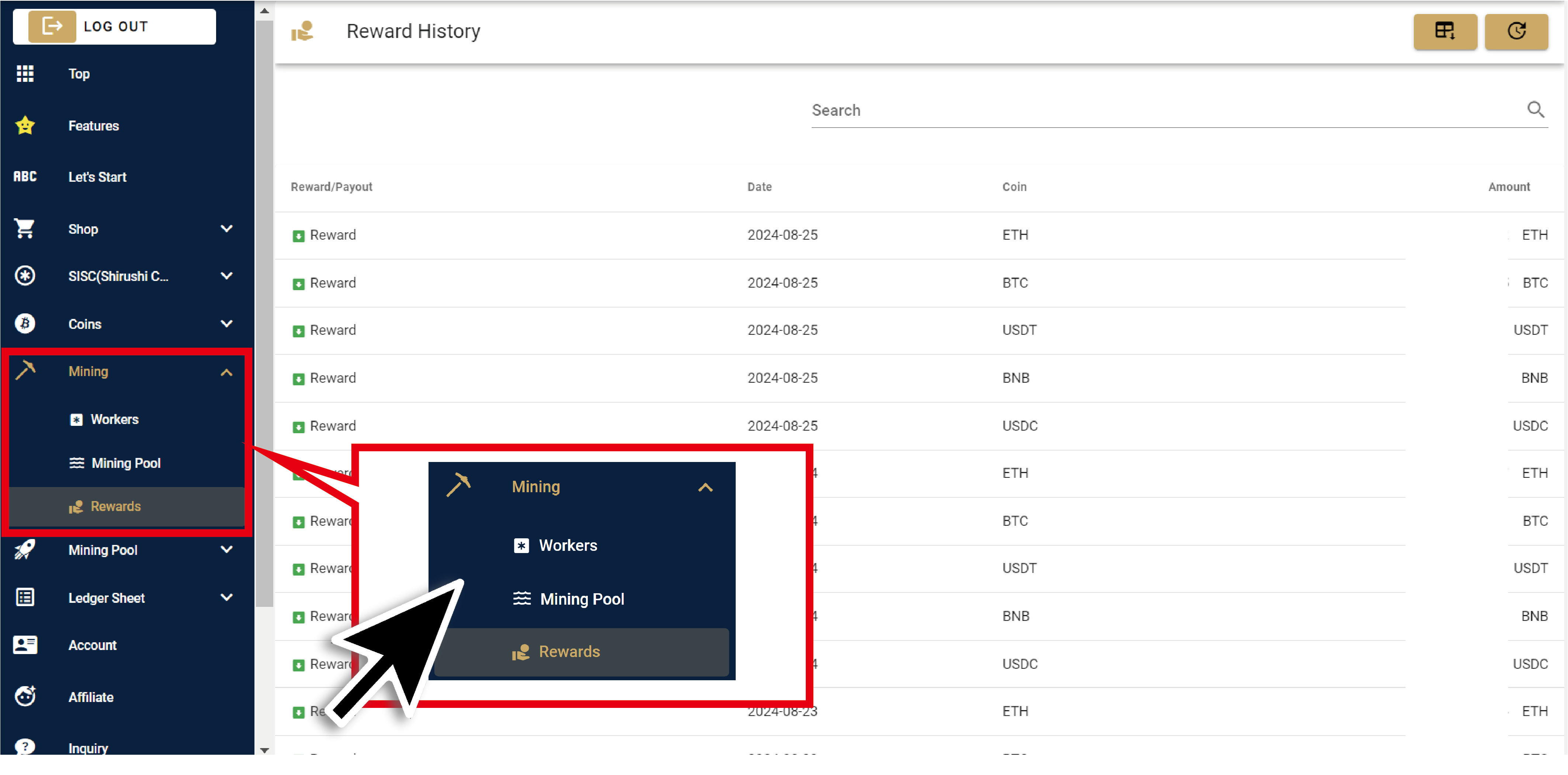 Checking mining rewards history