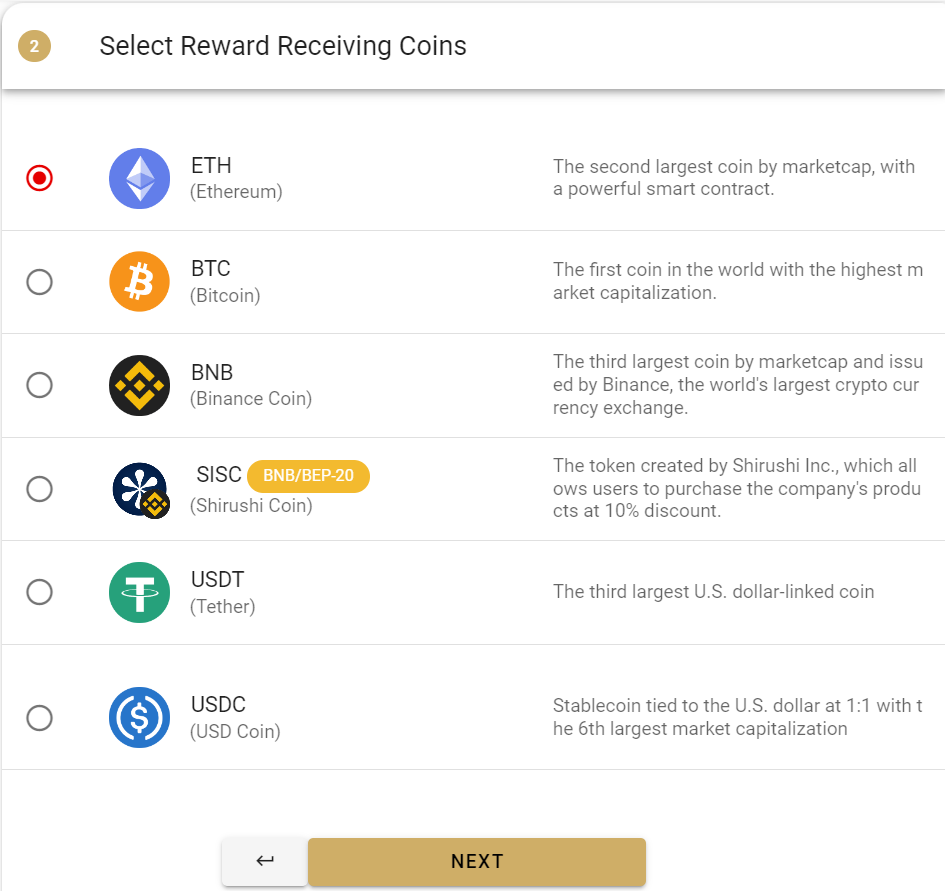 Reward coin selection screen (Step 2)