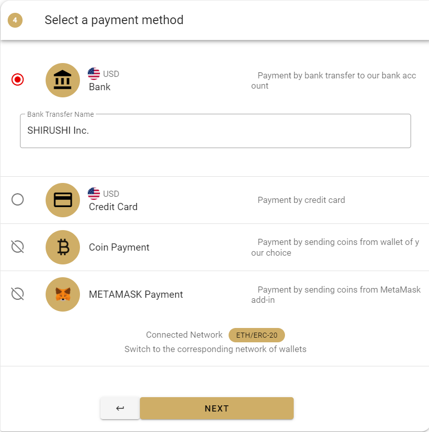 Payment method selection screen (Step 2)