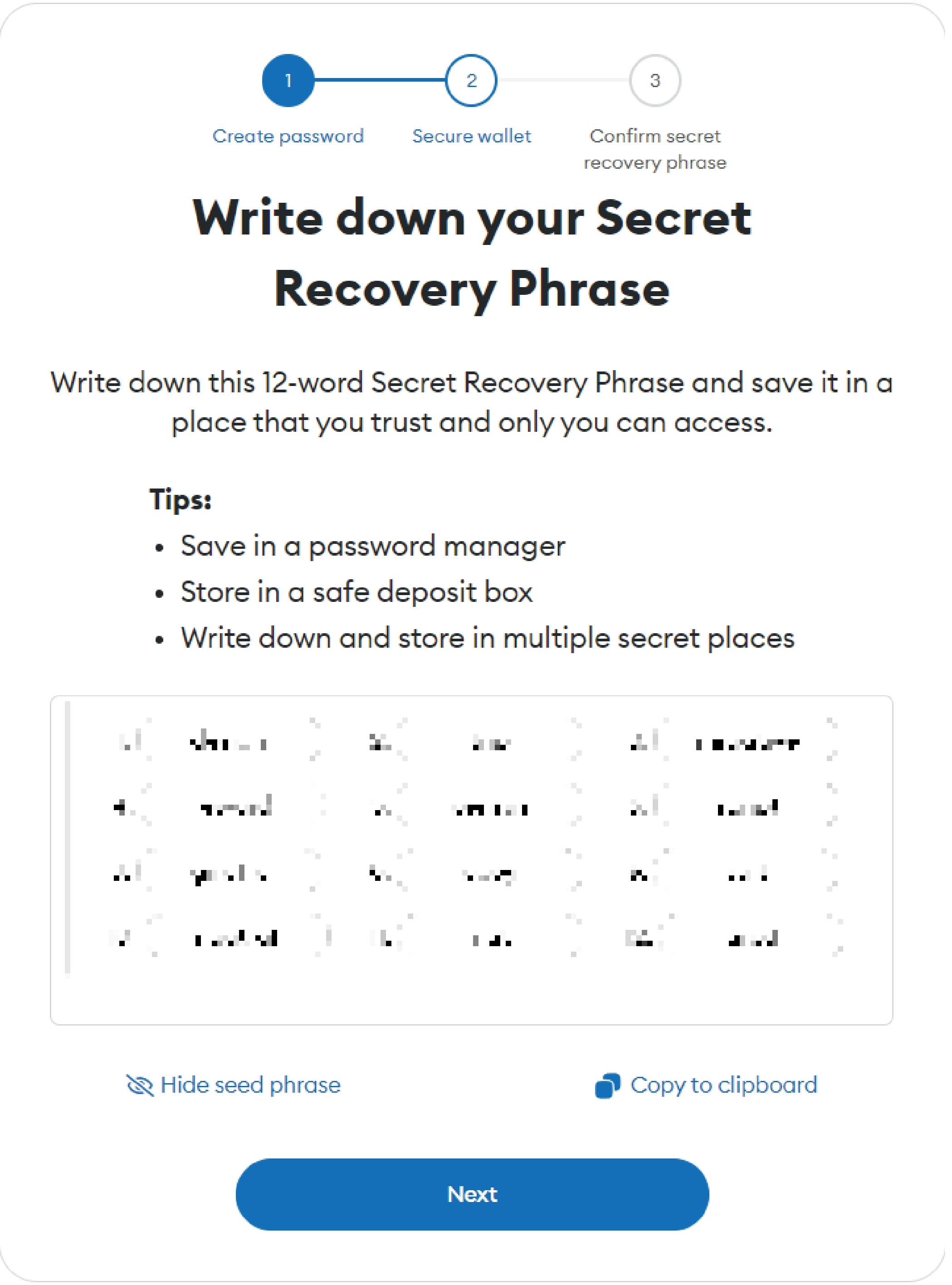 Secret Recovery Phrase display