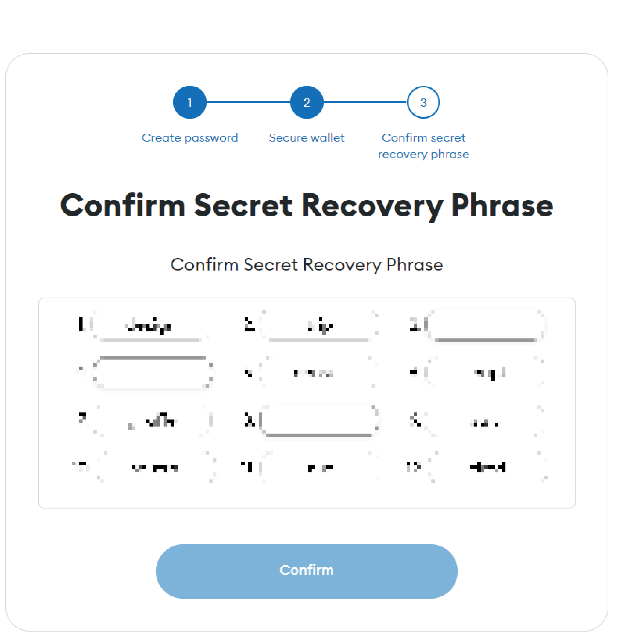 Secret Recovery Phrase confirmation
